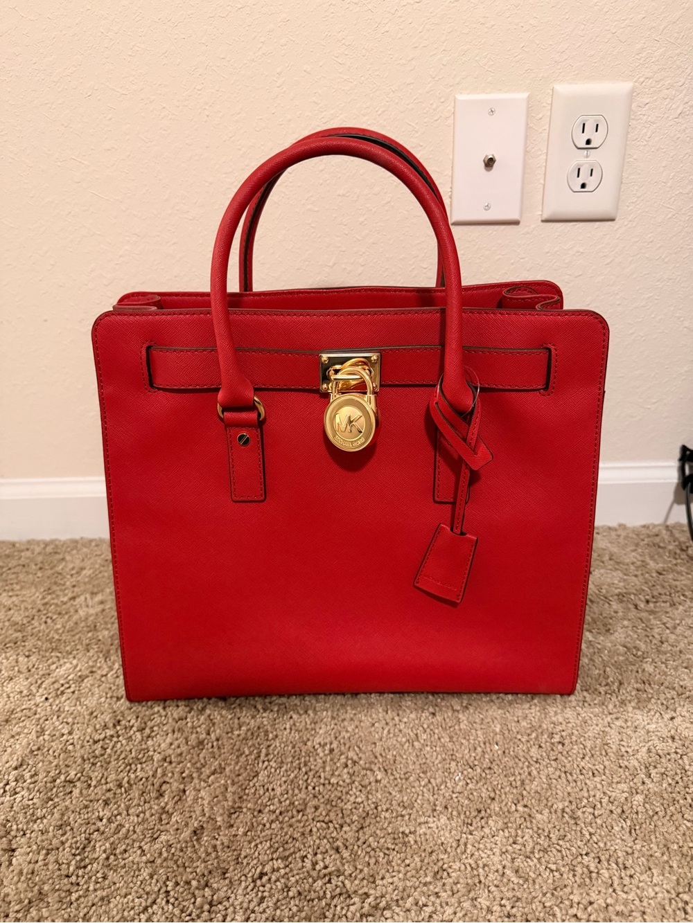 Michael Kors Red Saffiano Leather Padlock Tote